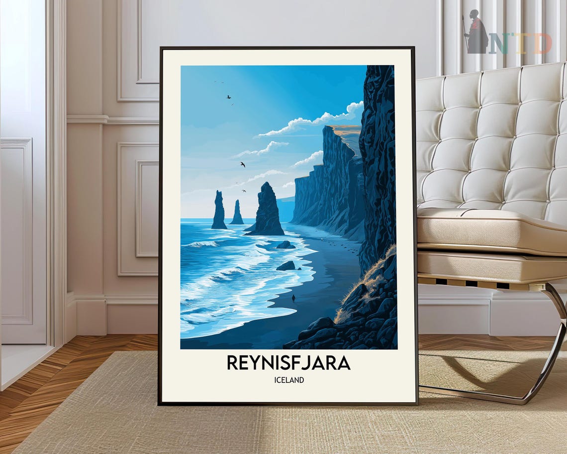 Reynisfjara Iceland Black Sand Beach Sea Stacks Travel Poster