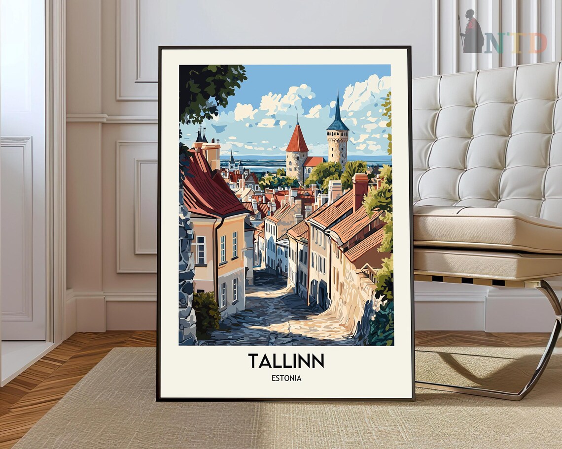 Tallinn Estonia Cobblestone Street Red Roofs Medieval Towers Poster