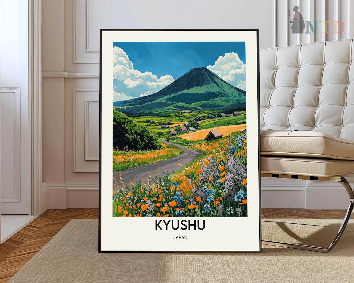 Kyushu Japan Green Volcano Wildflower Meadow Road Travel Poster