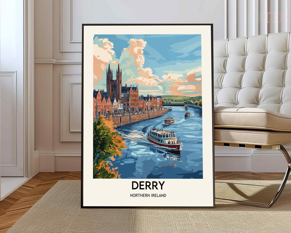 Derry Northern Ireland Riverfront Quay Boats Vintage Travel Art Print