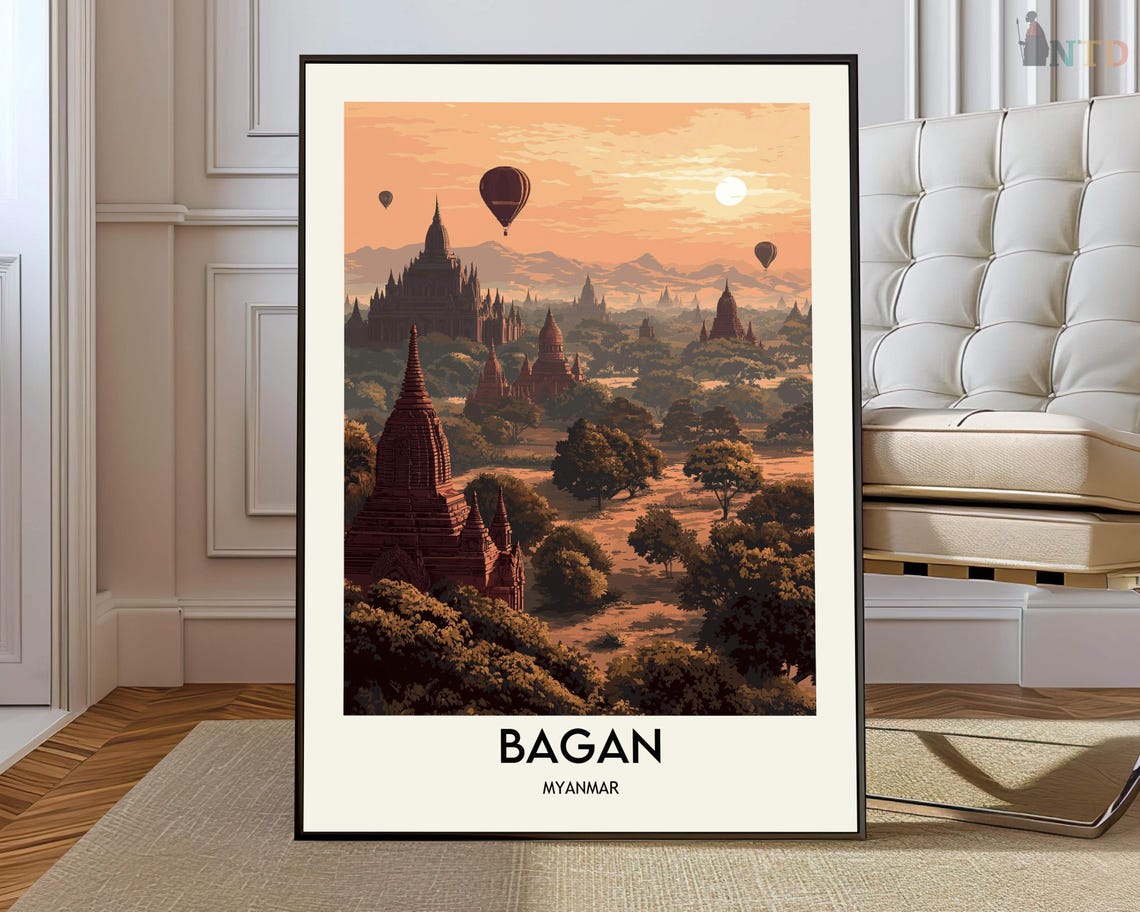 Bagan Myanmar Temple Plain Golden Daytime Landscape Travel Poster
