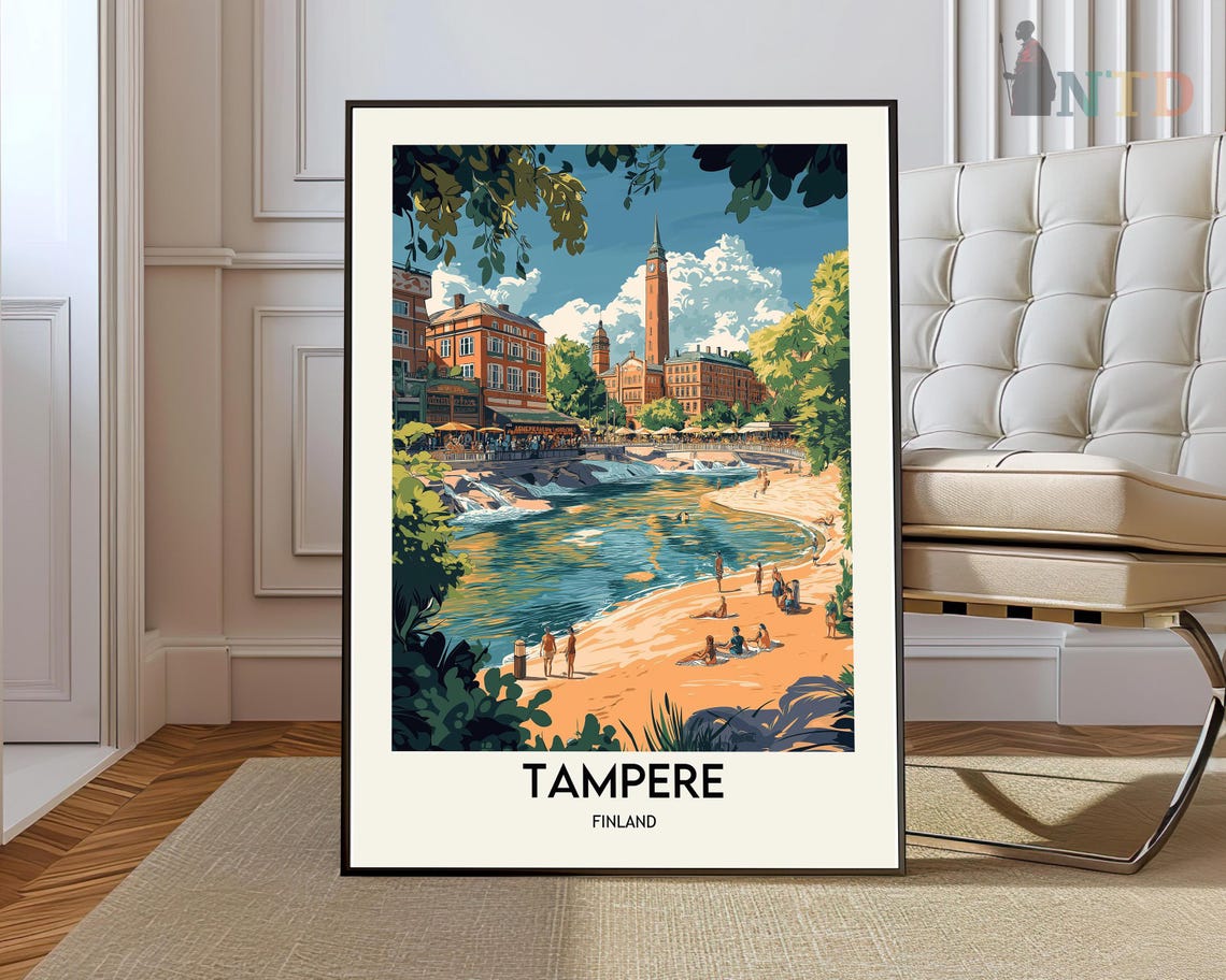 Tampere Finland Riverside Beach Crowded Sunny Summer Travel Poster