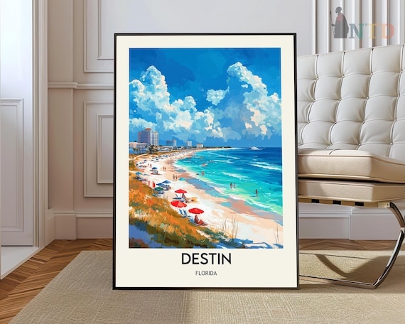 Destin Florida Sunny Beach Umbrellas Emerald Coast Travel Poster
