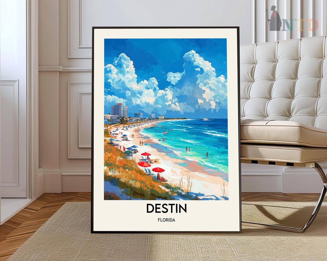 Destin Florida Sunny Beach Umbrellas Emerald Coast Travel Poster