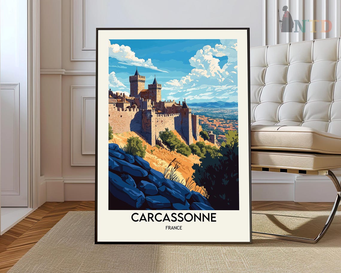 Carcassonne France Medieval Fortress Hilltop Vintage Travel Poster