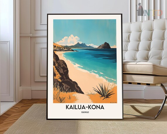 Kailua Kona Hawaii Sandy Beach Cove Cliffs Vintage Travel Poster