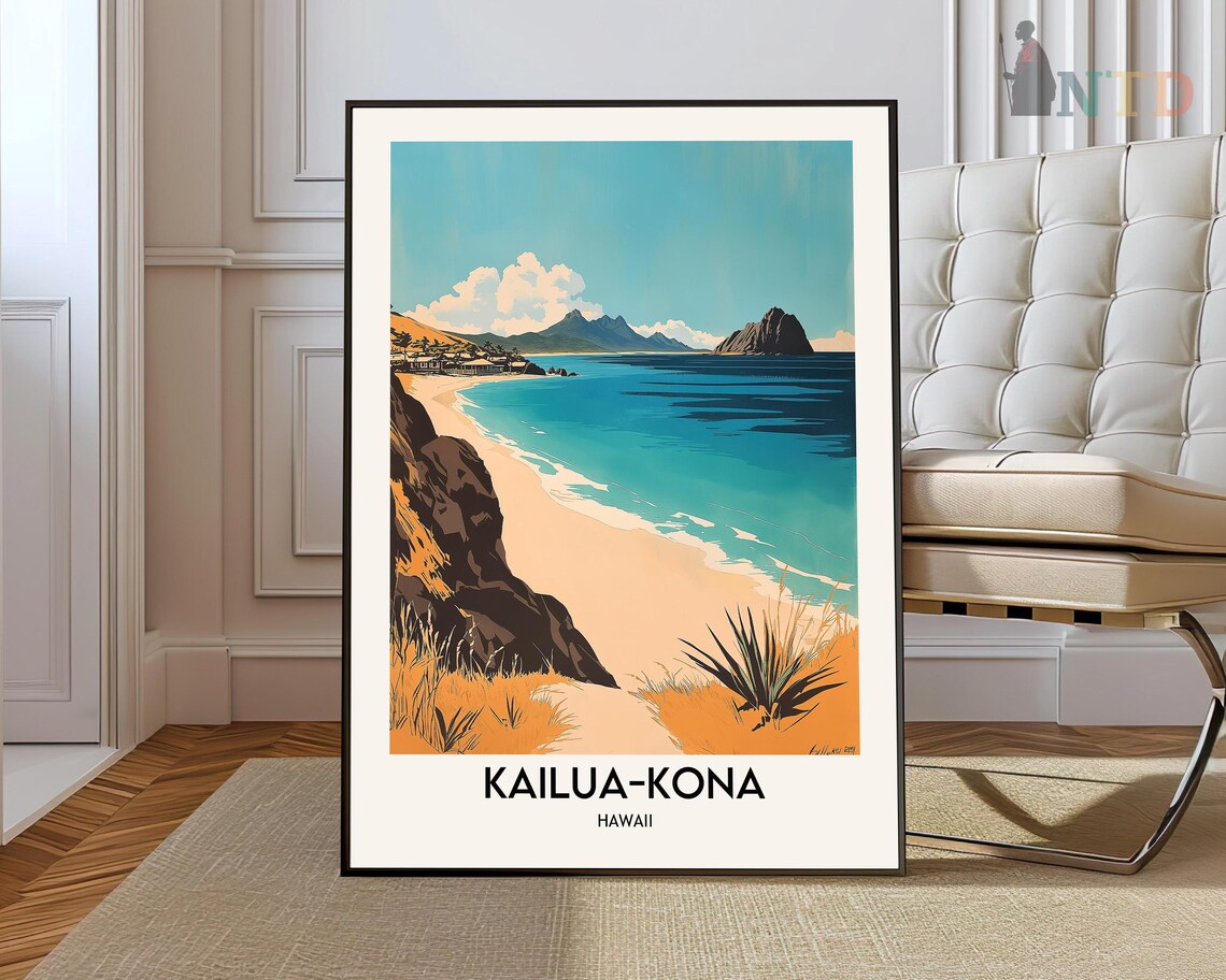 Kailua Kona Hawaii Sandy Beach Cove Cliffs Vintage Travel Poster