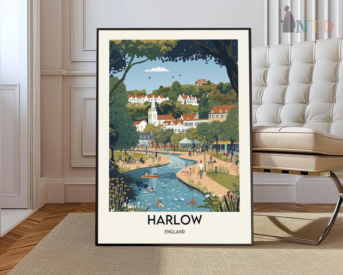 Harlow England Lakeside Park with Rowboats Retro Travel Poster