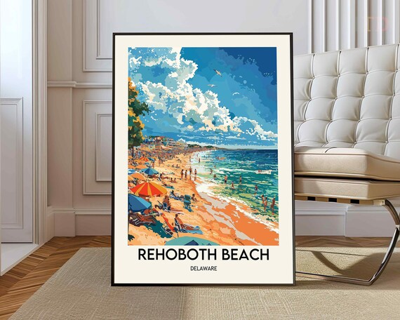 Rehoboth Beach Delaware Crowded Summer Day Vintage Travel Poster