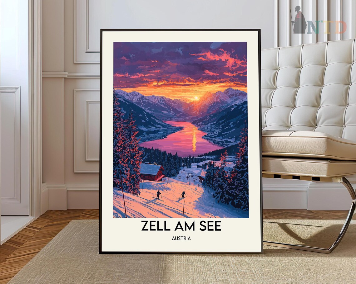 Zell Am See Austria Snowy Alpine Lake Sunset Ski Travel Poster