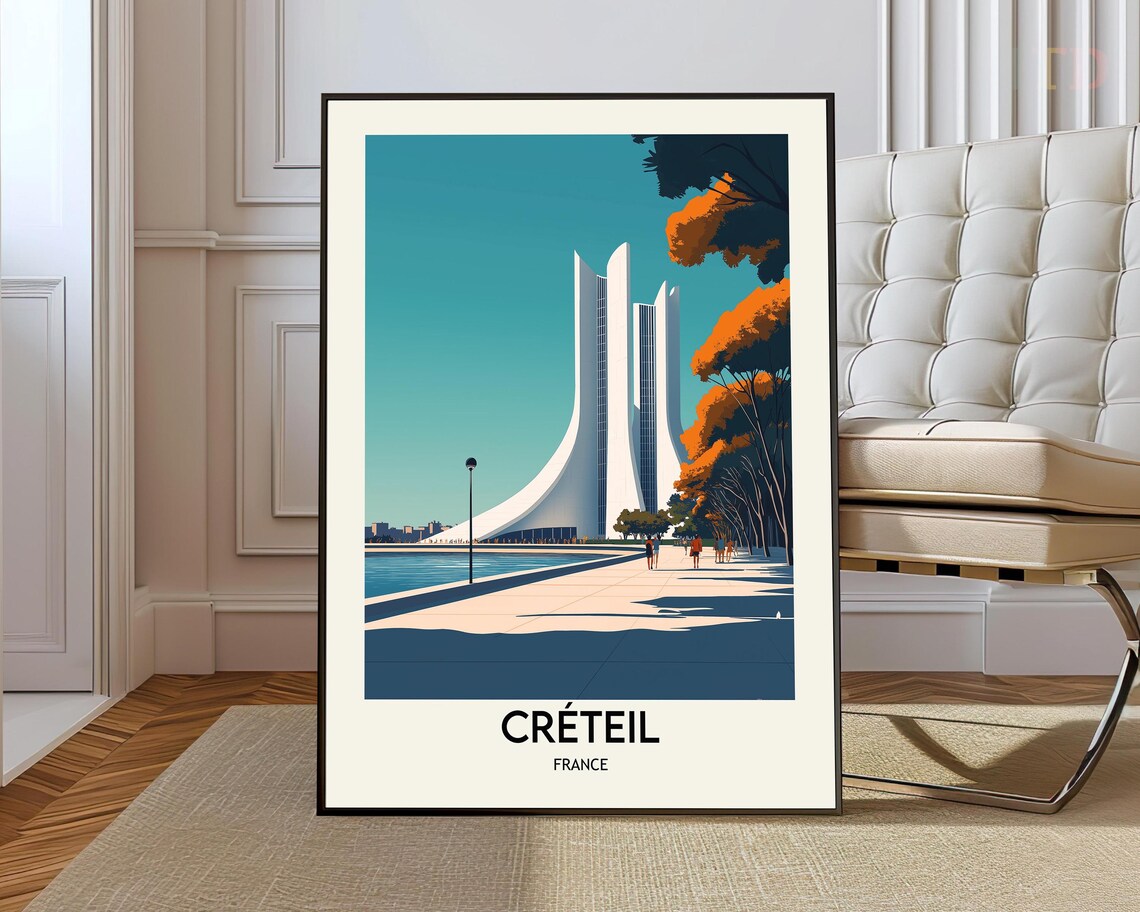 Creteil France Modern Towers Lakeside Promenade Travel Poster