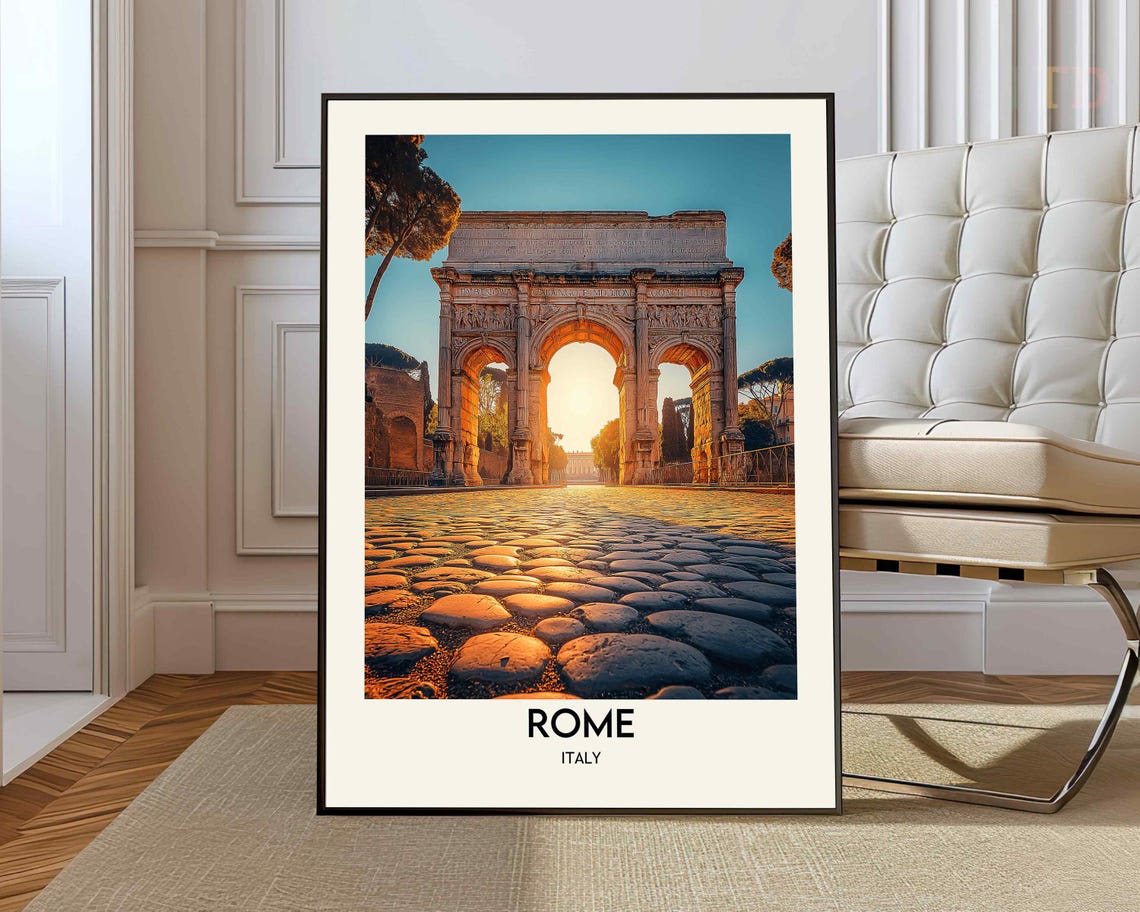 Rome Italy Arch of Constantine Sunrise Cobblestone Street Glow Poster