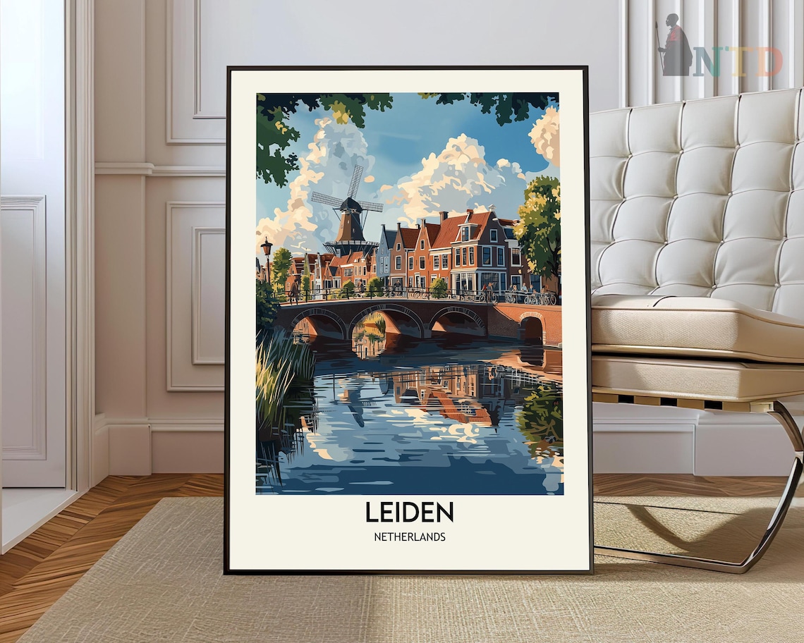 Leiden Netherlands Windmill Canal Houses Brick Bridge Travel Poster