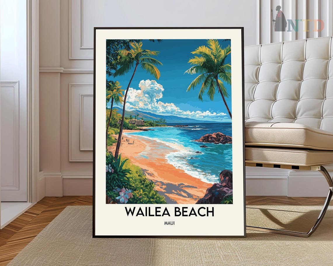 Wailea Beach Maui Hawaii Palm Trees Tropical Illustration Poster
