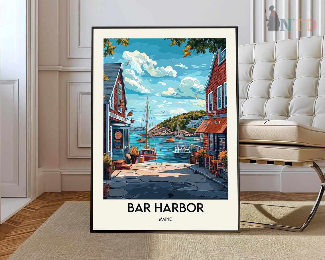 Bar Harbor Maine Waterfront Sailboats Harbor Vintage Travel Poster