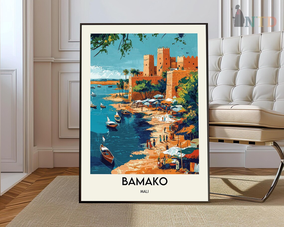 Bamako Mali Niger River Market Boats Shore Vintage Travel Poster