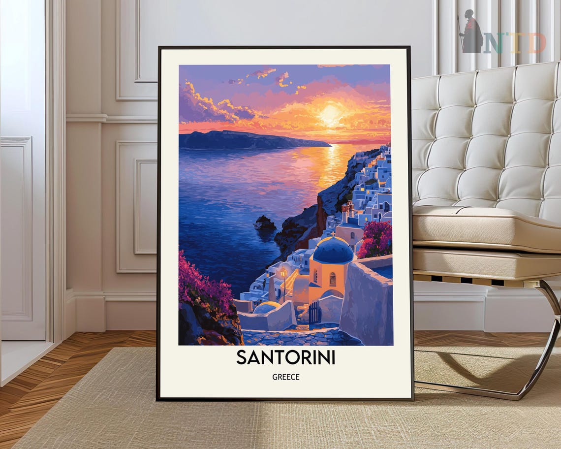 Santorini Blue Dome Church Caldera Sunset Ocean View Travel Poster