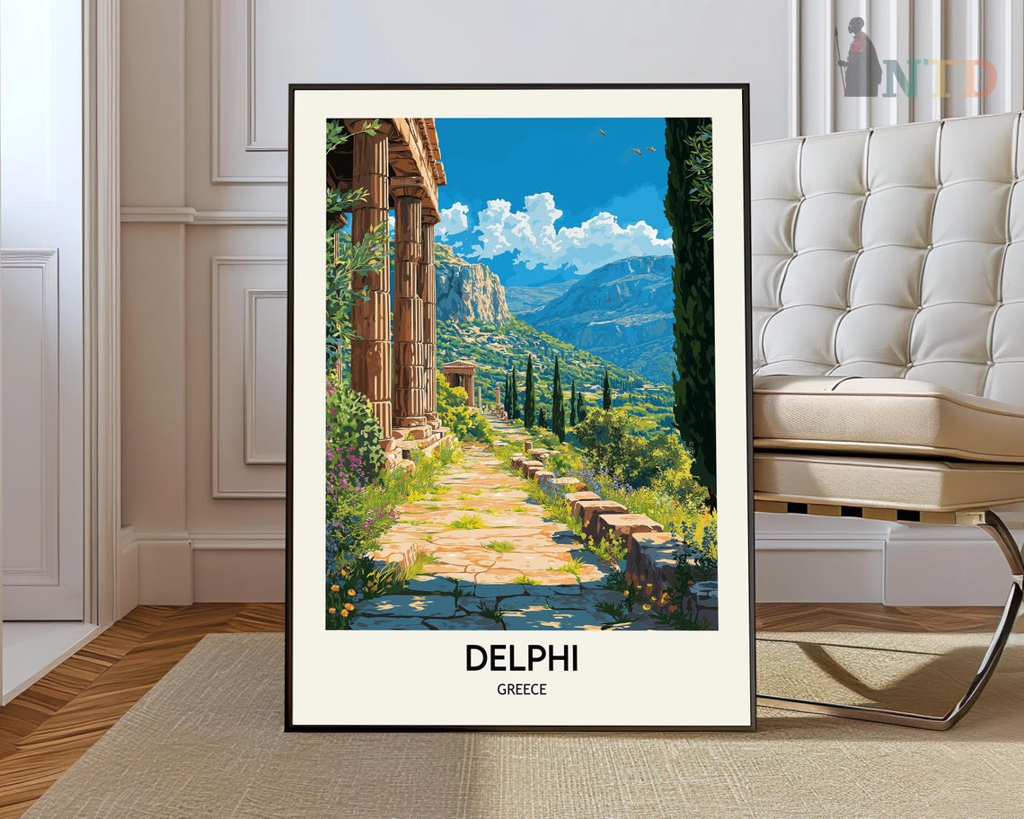 Delphi Stone Path Between Temple Columns and Green Hillsides Poster
