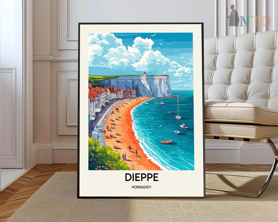 Dieppe Normandy Red Sand Beach Chalk Cliffs Coastal Travel Poster