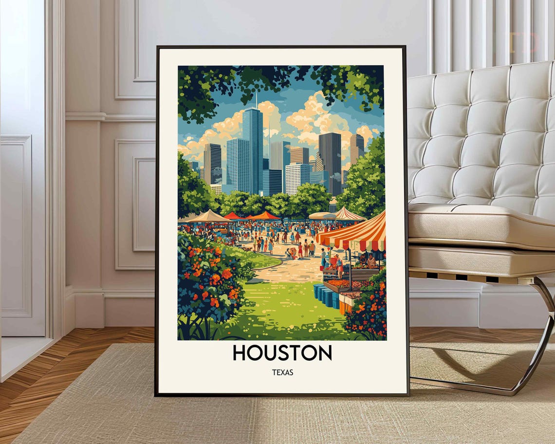 Houston Texas Downtown Skyline Festival Park Market Scene Poster