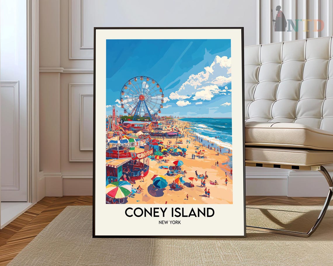 Coney Island New York Beach Ferris Wheel Vintage Travel Art Poster