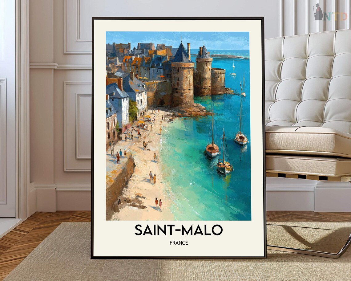 Saint Malo Brittany Fortified Towers Beach Vintage Travel Poster