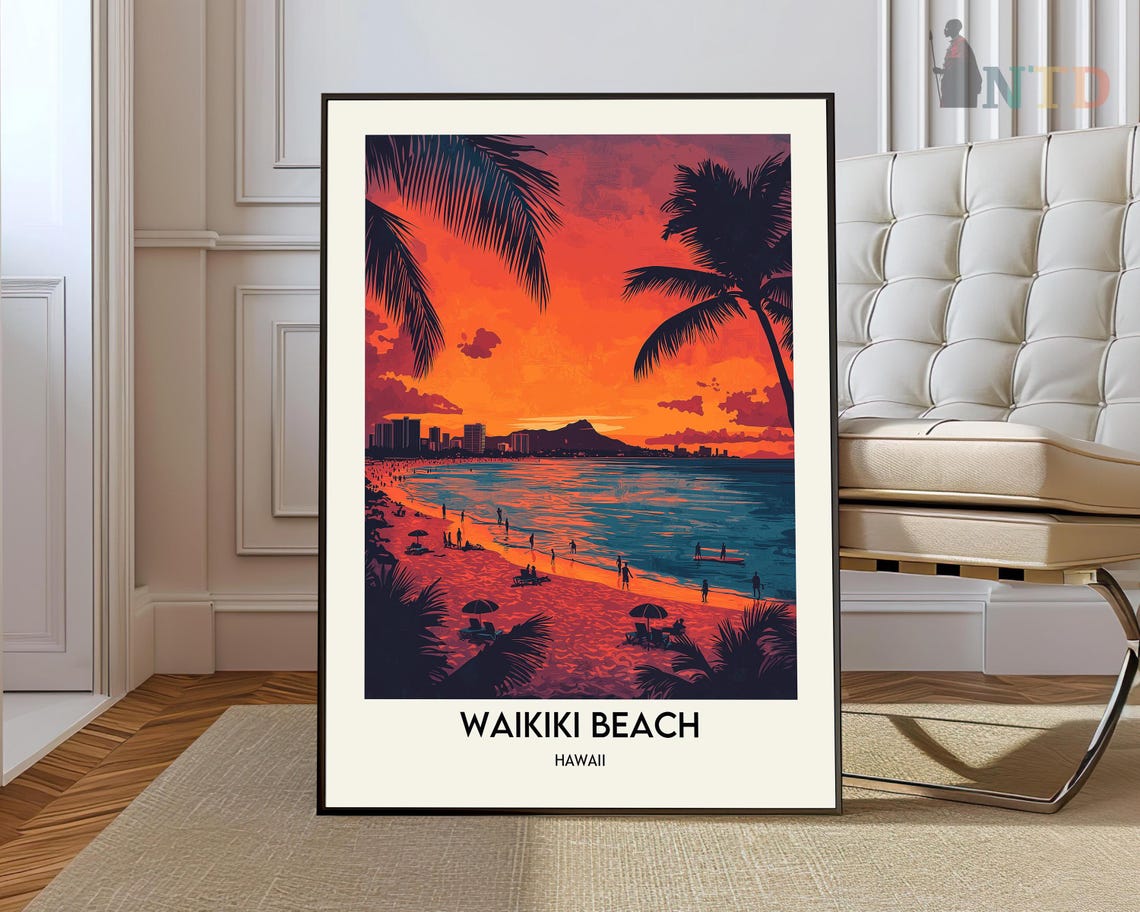 Waikiki Beach Hawaii Sunset Palm Trees Tropical Oceanfront Poster