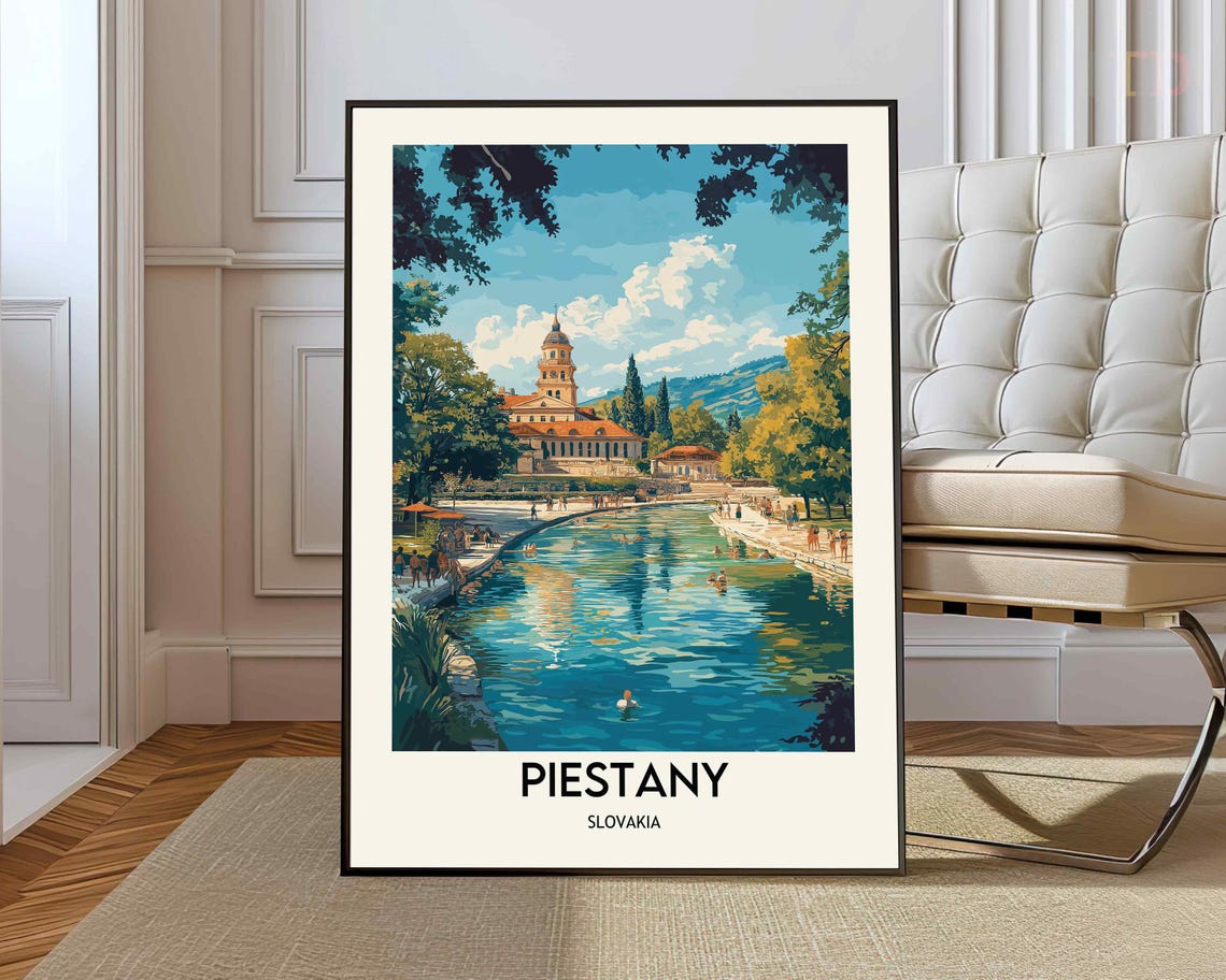 Piestany Slovakia Spa Town Church Riverside Illustrated Travel Poster