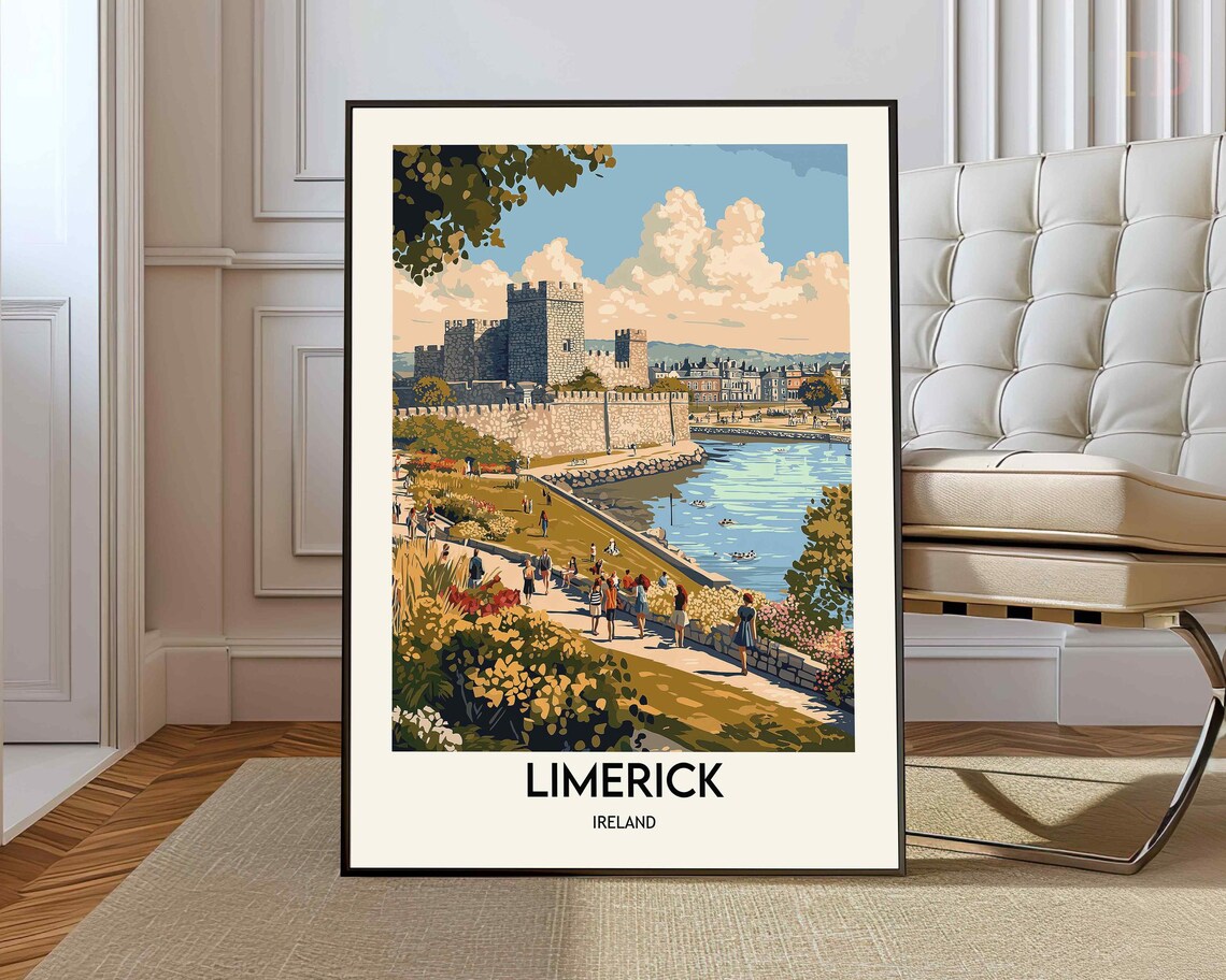 Limerick Ireland Riverside Old Stone Castle Vintage Travel Poster