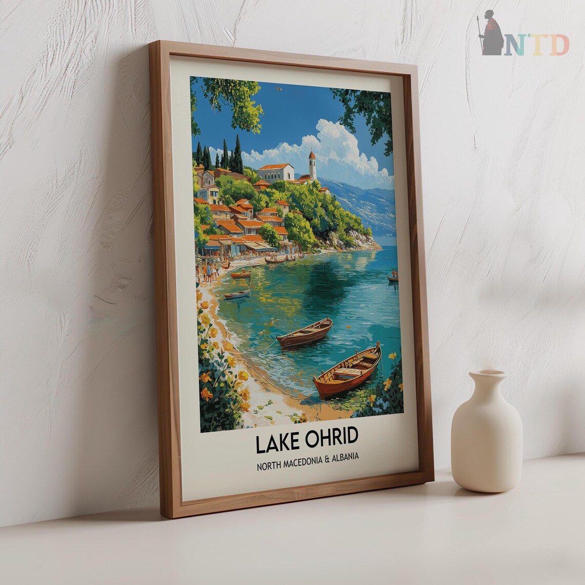 Lake Ohrid North Macedonia Cove Boats Church Hill Travel Poster - Image 2
