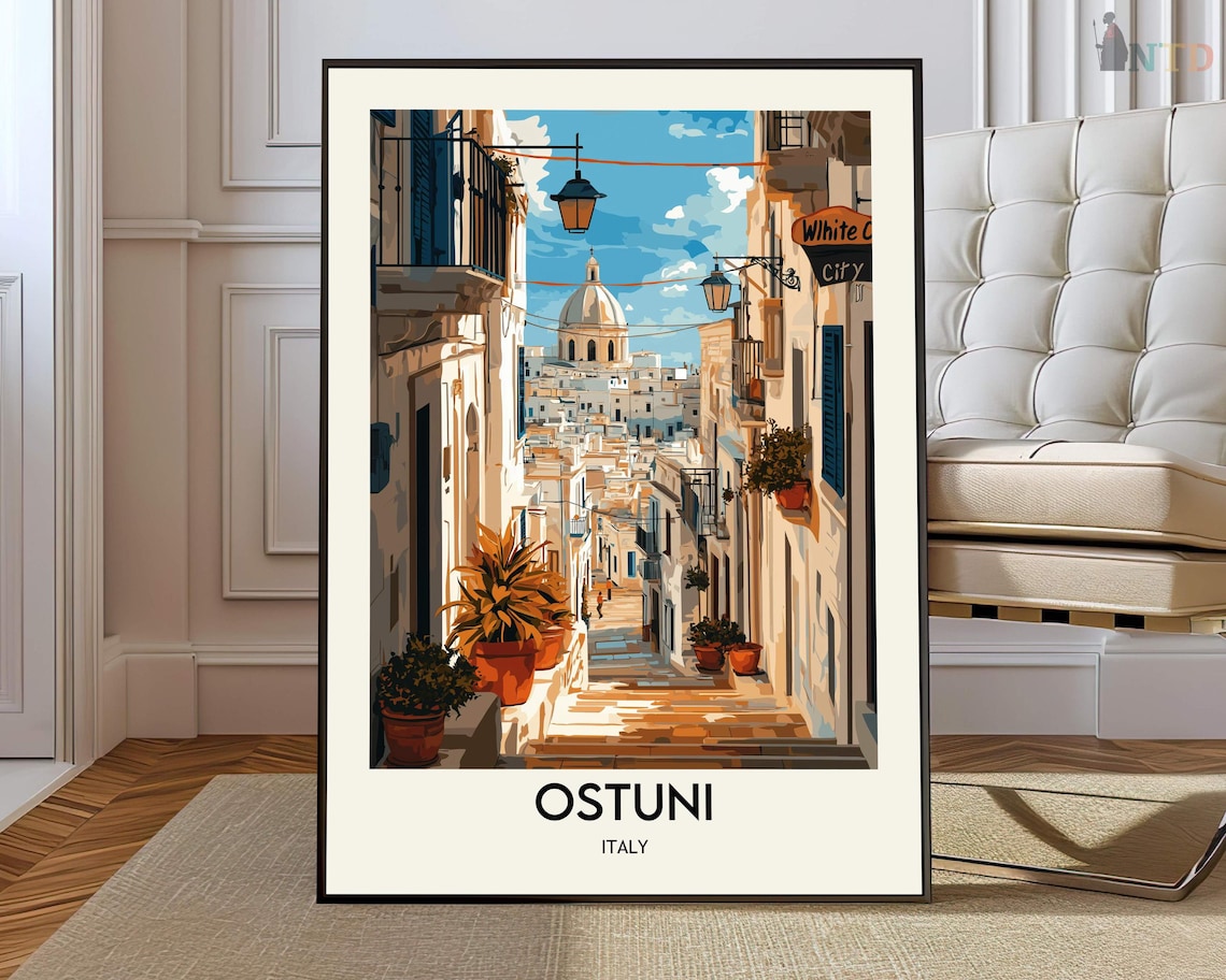 Ostuni Italy White City Sunlit Old Town Street Puglia Travel Poster