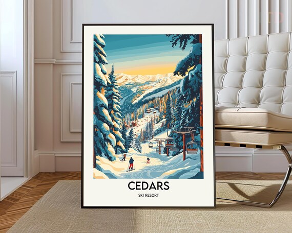 Cedars Ski Resort Sunset Pines Vintage Ski Scene Travel Poster