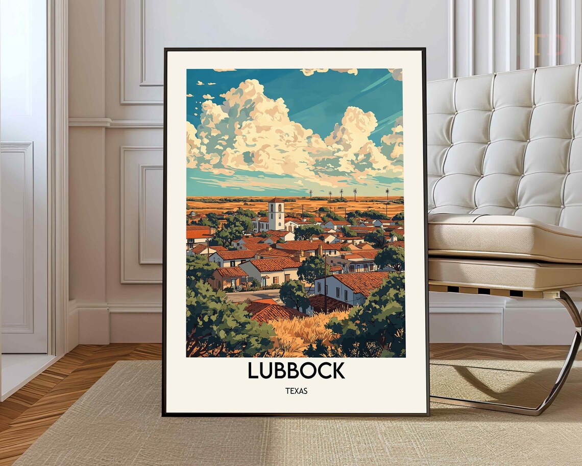 Lubbock Texas Retro Travel Town Scene With Church Tower And Red Roofs Poster
