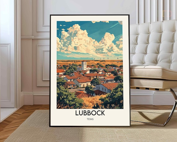 Lubbock Texas Retro Travel Town Scene With Church Tower And Red Roofs Poster