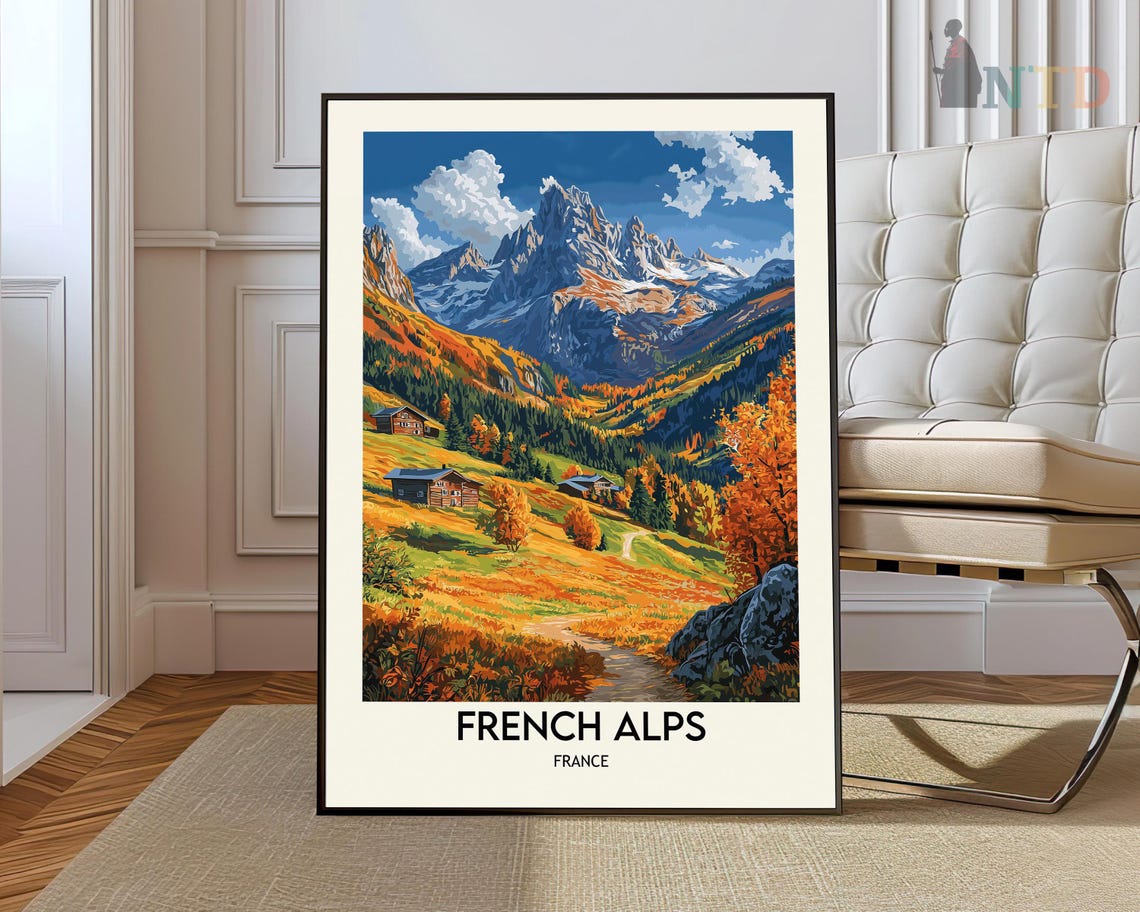 French Alps Golden Valley Chalets Mountain Trail Vintage Travel Poster