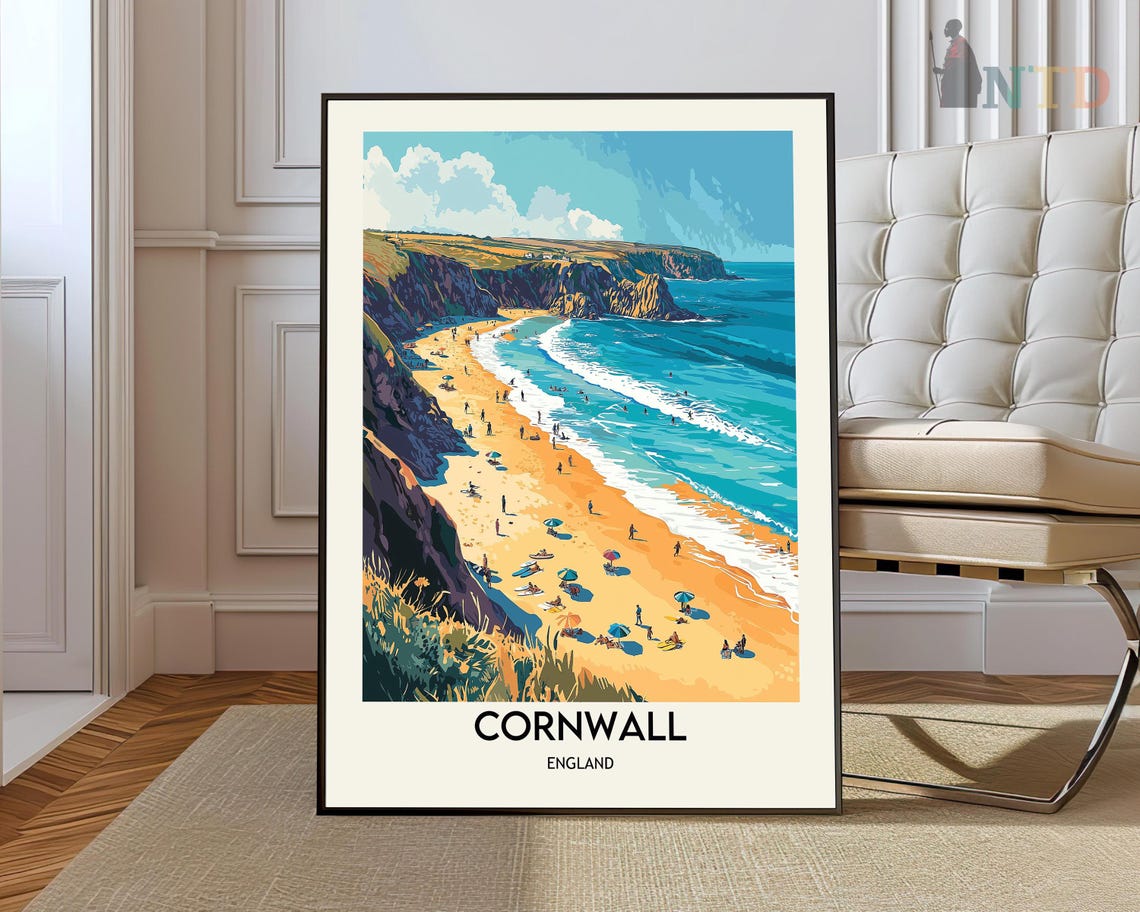 Cornwall Clifftop Beach with Umbrellas and Surfers at Midday Poster