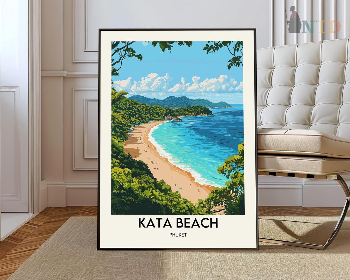 Kata Beach Phuket Thailand Travel Poster with Turquoise Bay Hills