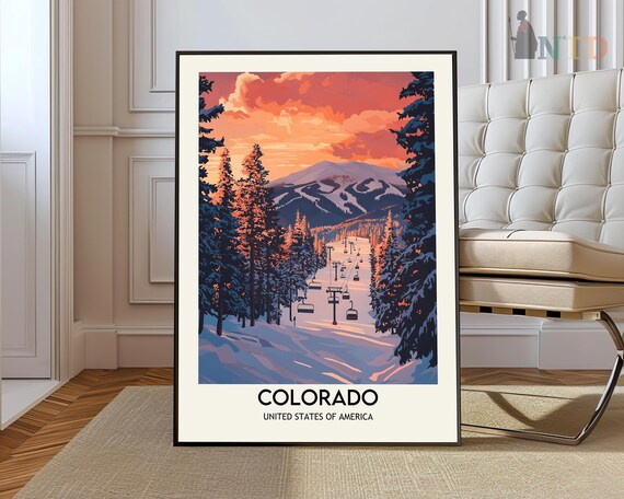 Colorado Ski Resort Chairlift Pine Forest Sunset Travel Art Poster
