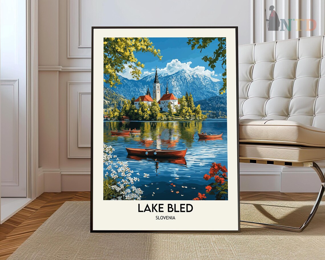 Lake Bled Slovenia Island Church Boats Julian Alps Travel Poster