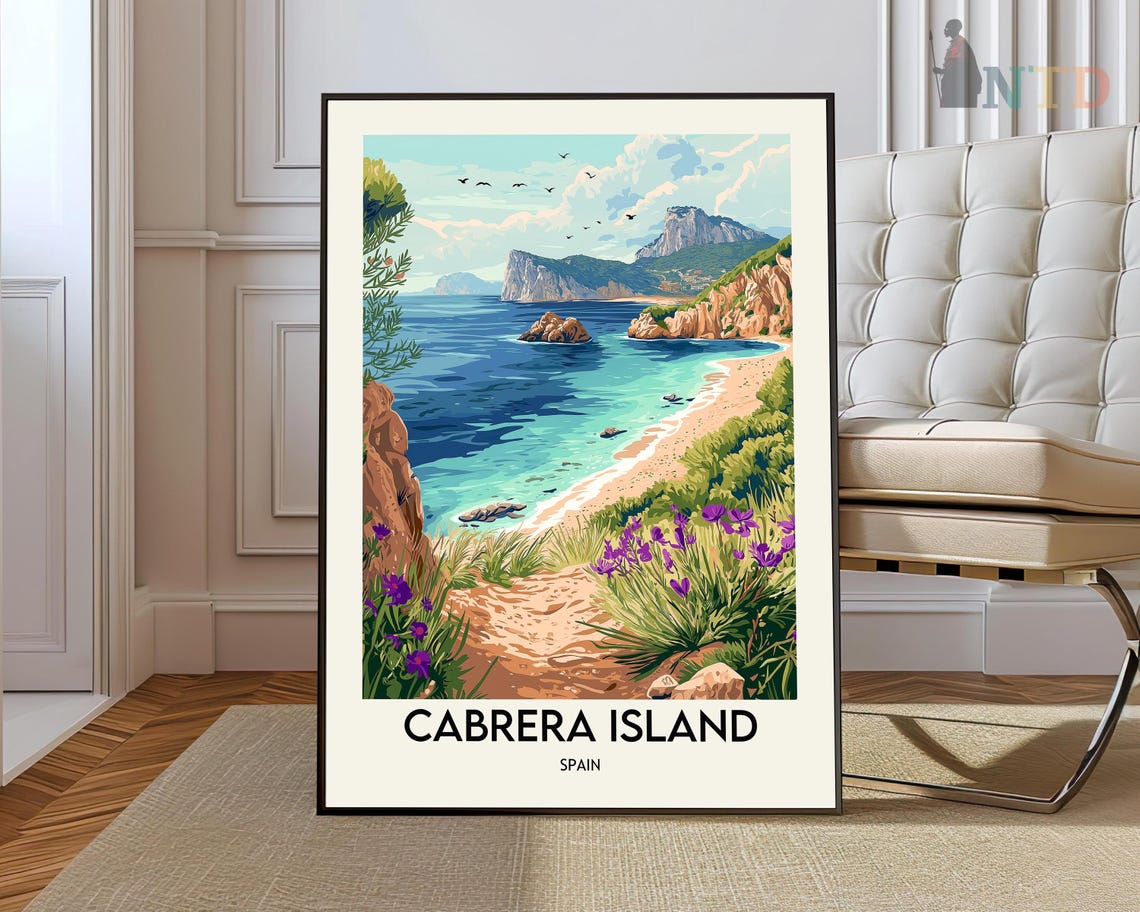 Cabrera Island Spain Turquoise Cove Beach Cliffs Travel Poster