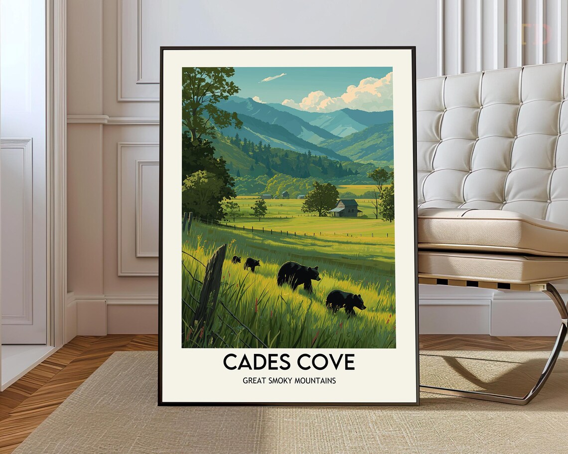 Cades Cove Great Smoky Mountains Bears Meadow Wildlife Art Poster
