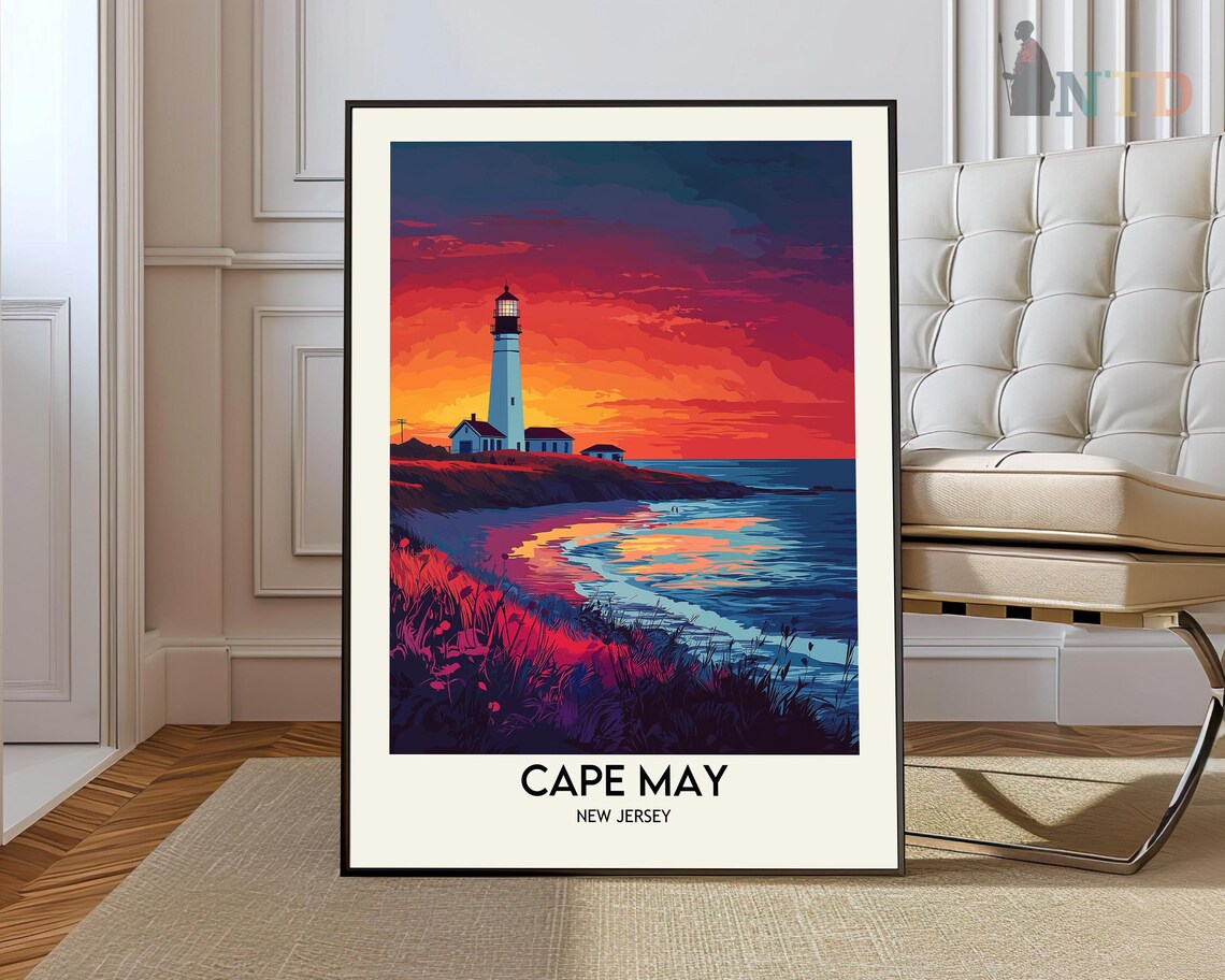 Cape May Lighthouse Fiery Sunset Over the Sea Waves Travel Poster