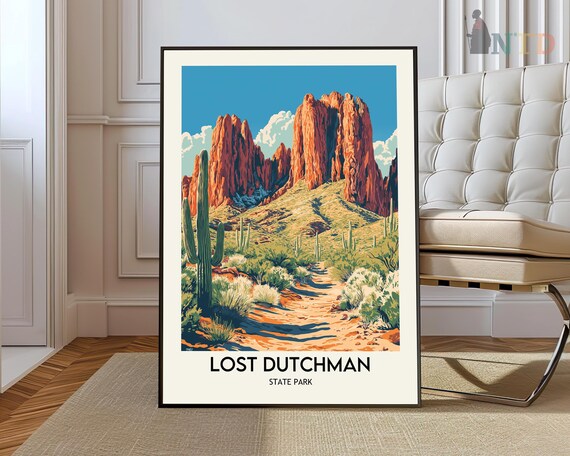 Lost Dutchman State Park Vintage Travel Art Red Rock Desert Sunset Poster