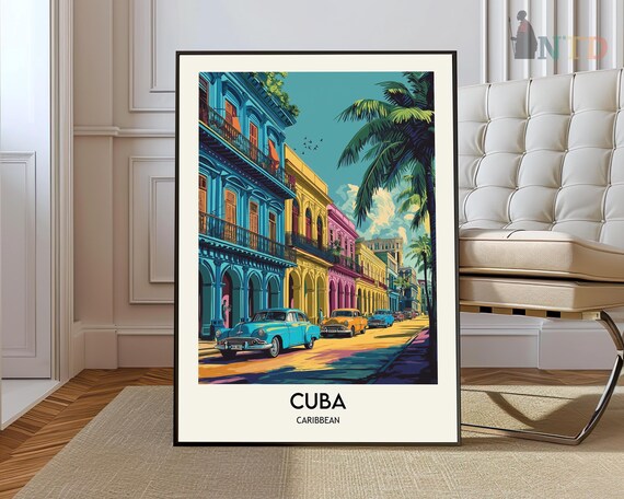 Cuba Caribbean Classic Cars Vintage City Street Travel Poster