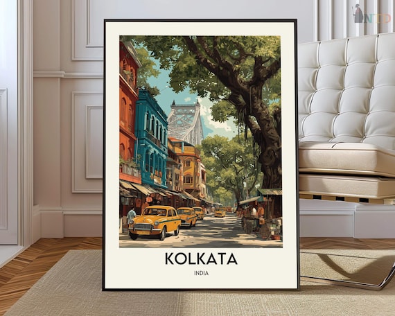 Kolkata India Yellow Taxi Street Howrah Bridge Travel Poster