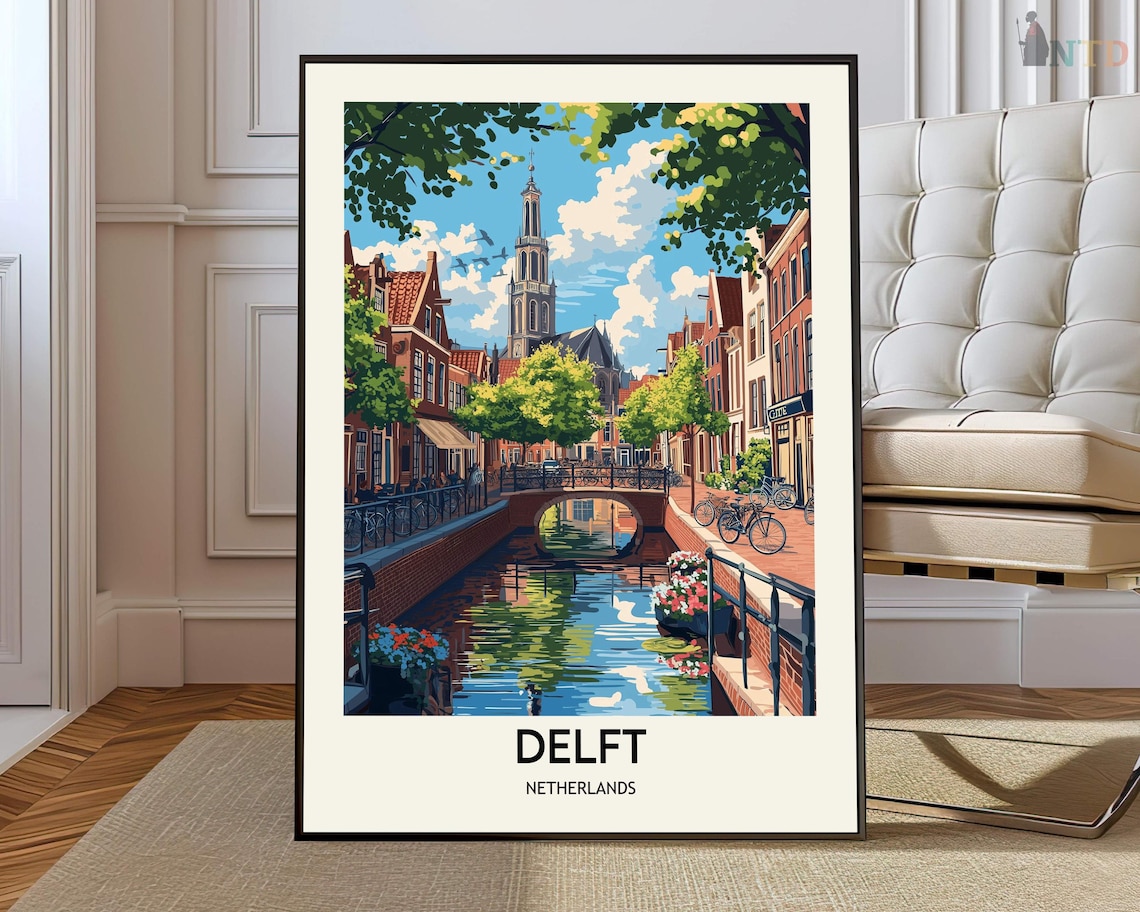 Delft Netherlands Canal Bicycles Retro Vintage Travel Poster Art