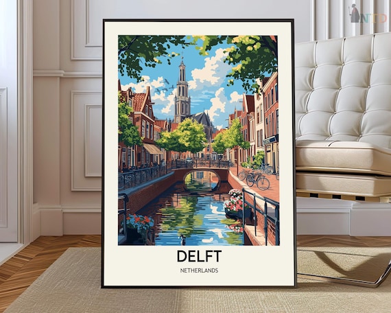 Delft Netherlands Canal Bicycles Retro Vintage Travel Poster Art