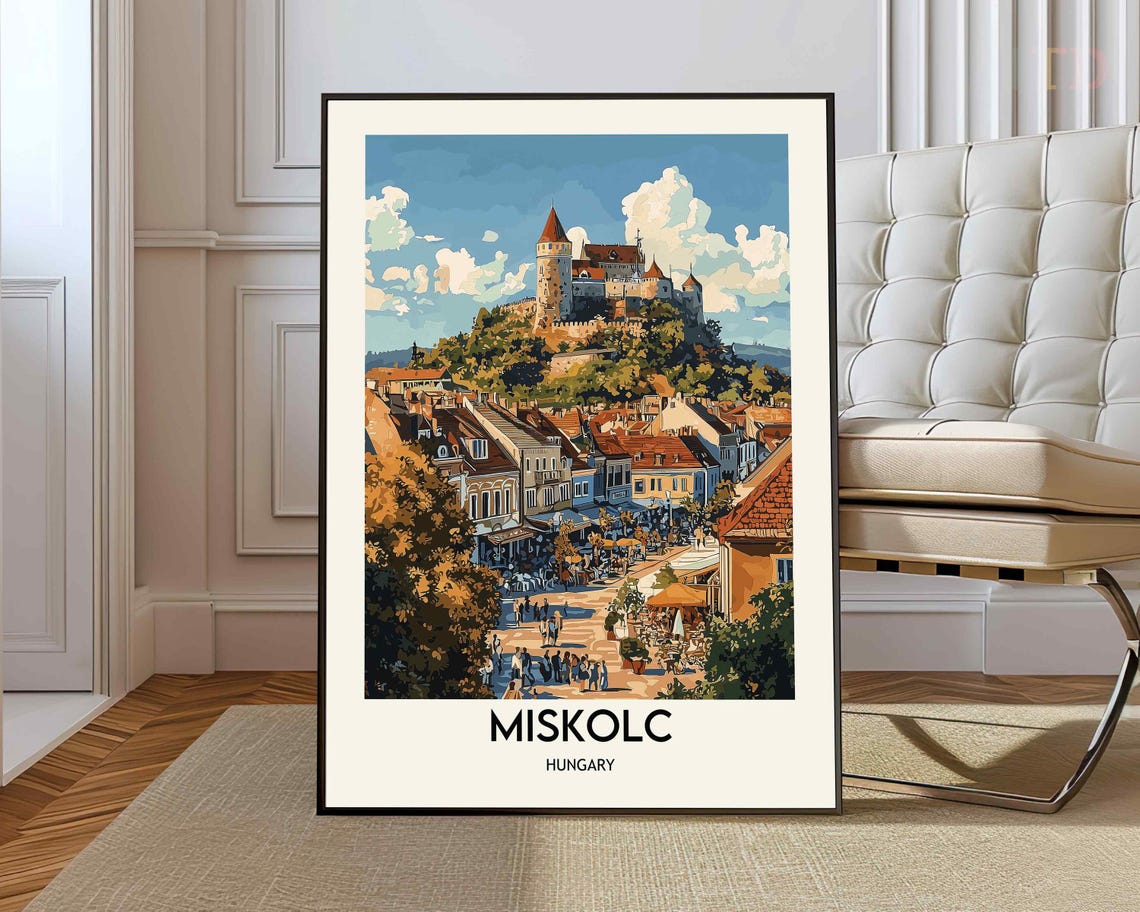 Miskolc Hungary Hilltop Castle Old Town Vintage Travel Poster