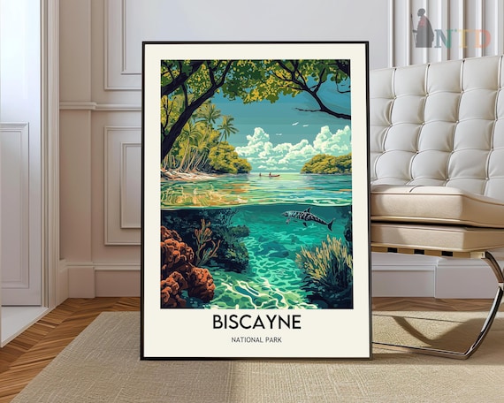 Biscayne National Park Palms and Coral Reef Split View Travel Poster