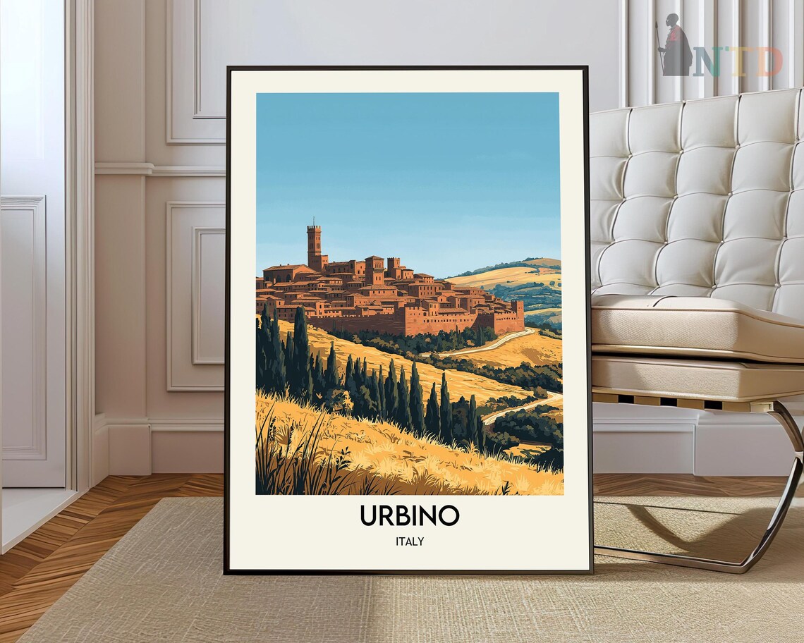 Urbino Italy Hilltop Old Town Cypress Fields Vintage Travel Poster
